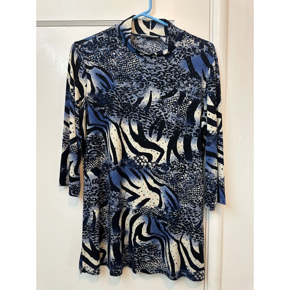 Susan Graver Blue Animal Print Sequin Mock Neck Tunic Top 3/4 Sleeve Small